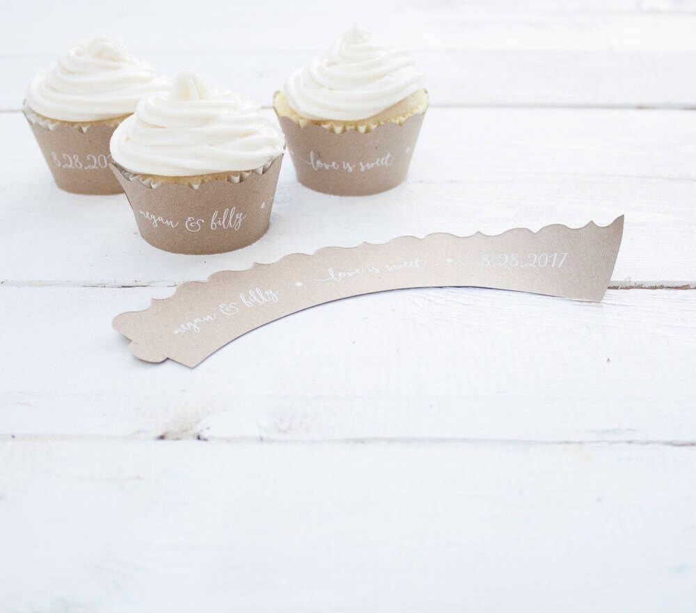 Set of 12 Coral Wedding Custom Cupcake Wrappers - Love is Sweet Cupcake Liners