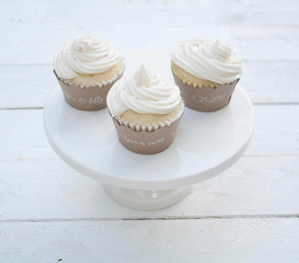 Set of 12 Coral Wedding Custom Cupcake Wrappers - Love is Sweet Cupcake Liners