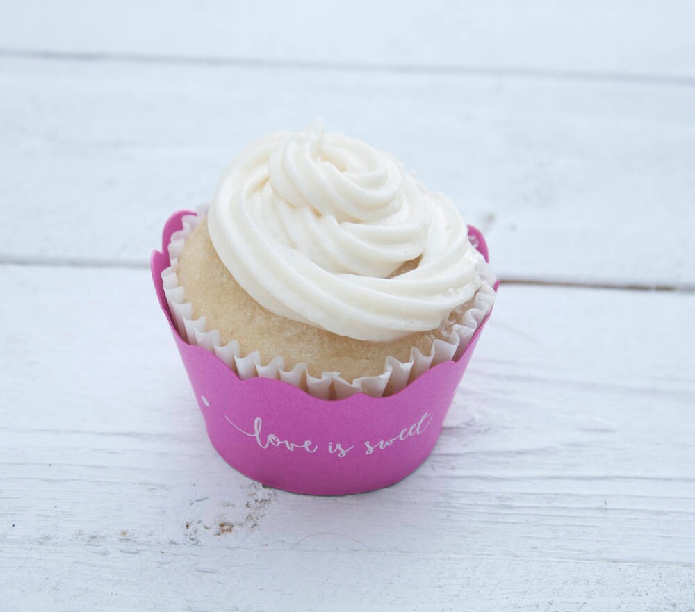 Set of 12 Coral Wedding Custom Cupcake Wrappers - Love is Sweet Cupcake Liners