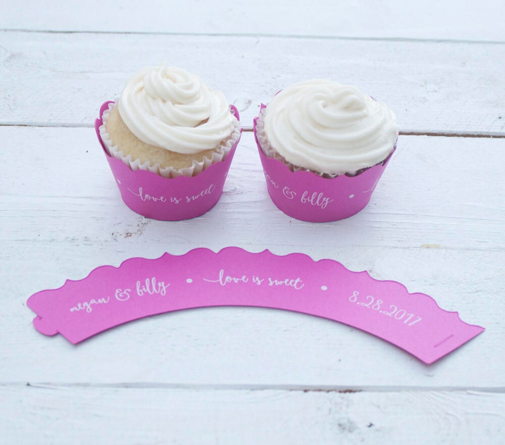 Set of 12 Coral Wedding Custom Cupcake Wrappers - Love is Sweet Cupcake Liners