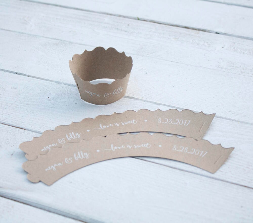 Set of 12 Coral Wedding Custom Cupcake Wrappers - Love is Sweet Cupcake Liners