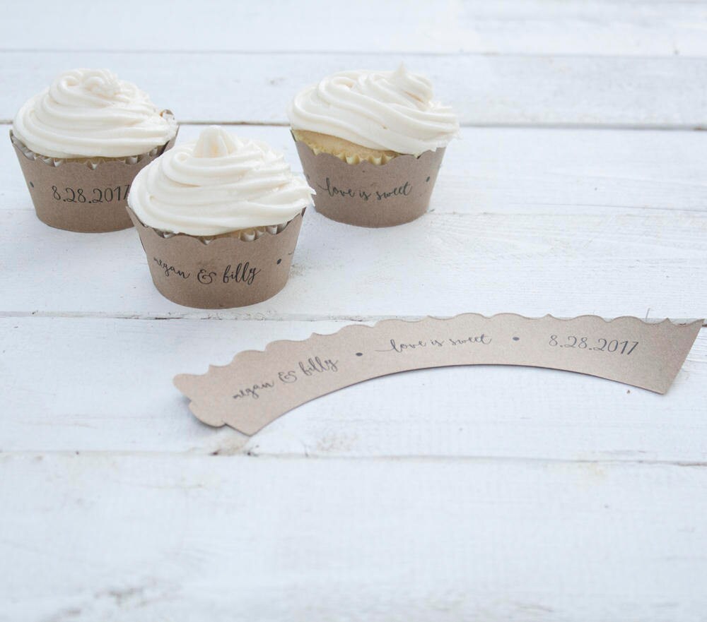 Set of 12 Coral Wedding Custom Cupcake Wrappers - Love is Sweet Cupcake Liners