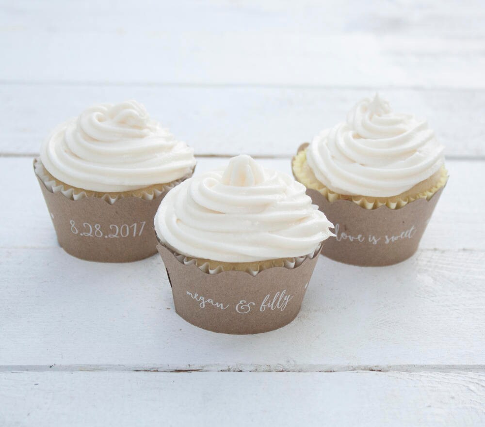 Set of 12 Moss Green Wedding Custom Cupcake Wrappers - Love is Sweet Cupcake Liners