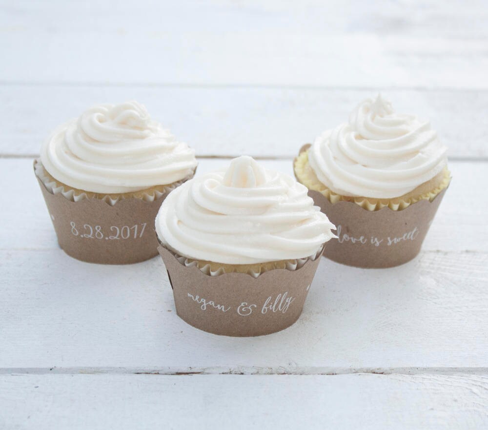 Set of 12 Coral Wedding Custom Cupcake Wrappers - Love is Sweet Cupcake Liners