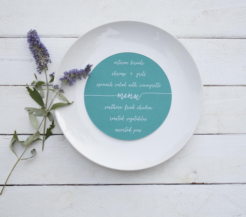 Set of 10 - Bluebell Wedding Plate Menu – Custom Wedding Menu - Round Plate Menu Cards