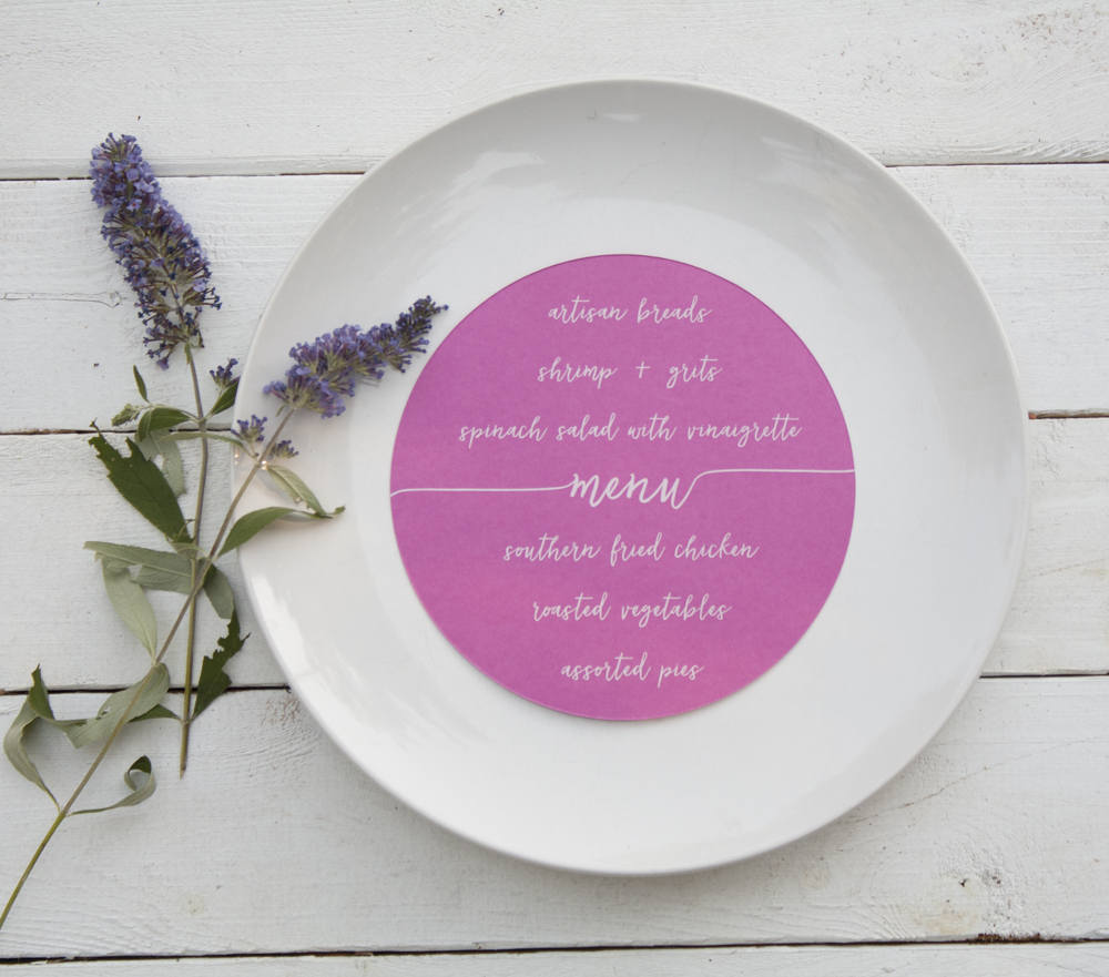 Set of 10 - Bluebell Wedding Plate Menu – Custom Wedding Menu - Round Plate Menu Cards