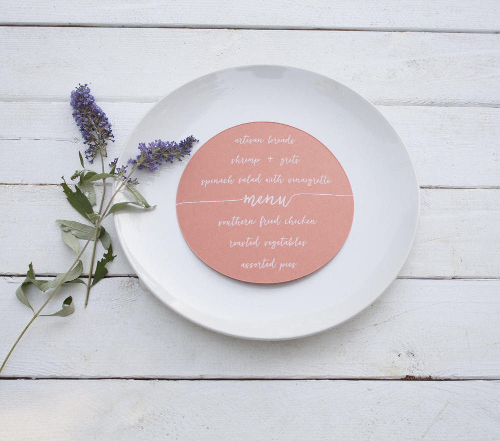 Set of 10 - Coral Wedding Plate Menu – Custom Wedding Menu - Round Plate Menu Cards