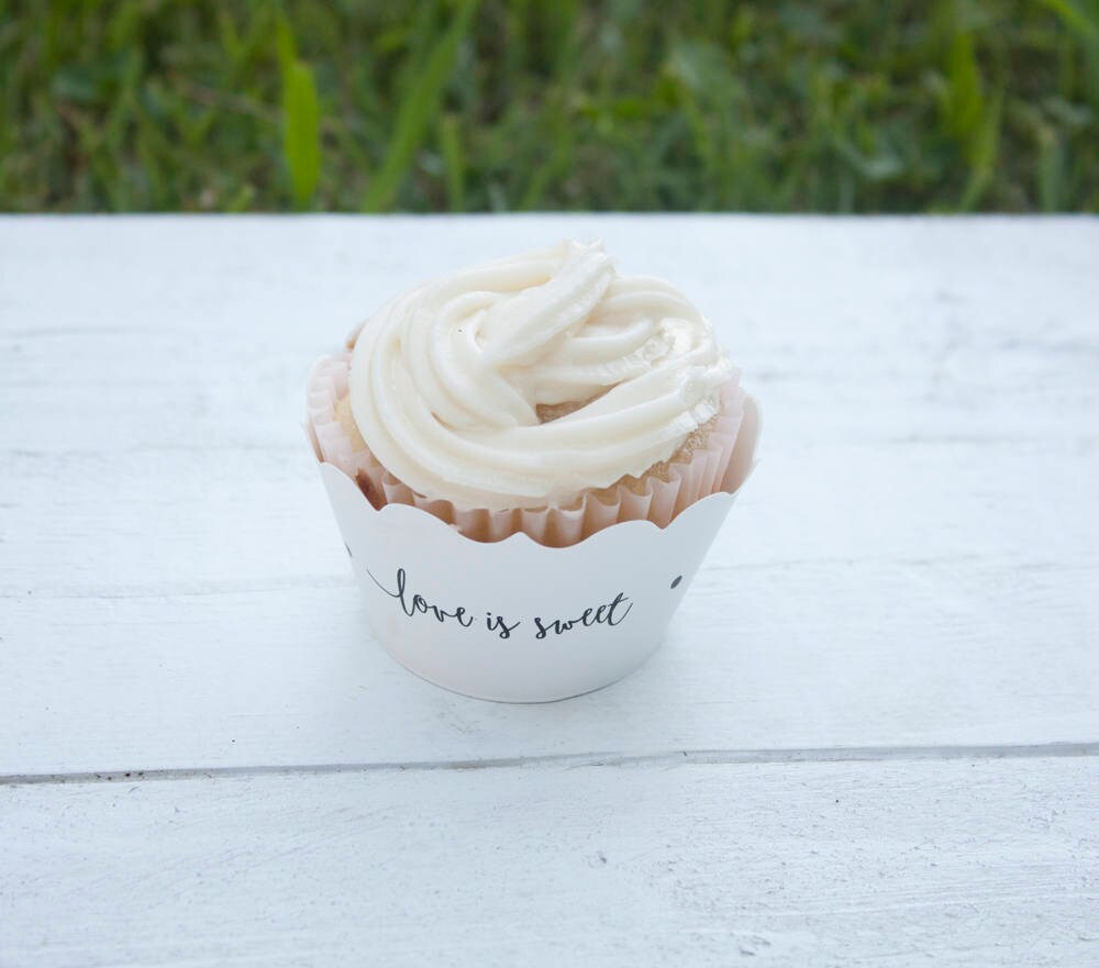 Set of 12 Coral Wedding Custom Cupcake Wrappers - Love is Sweet Cupcake Liners