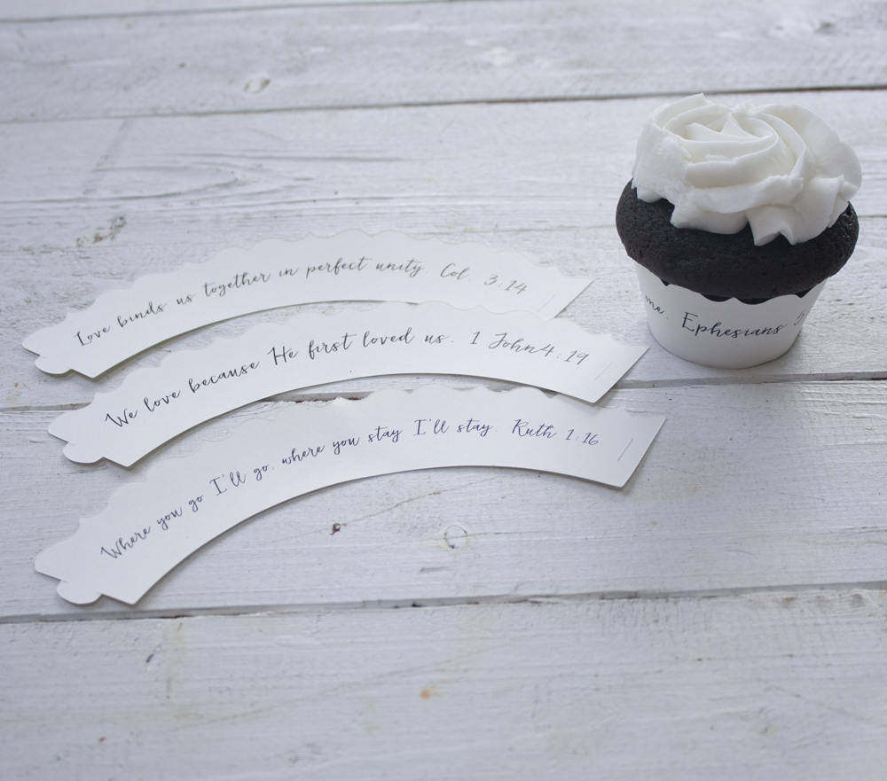 (Set of 12) Bible Scripture Wedding Cupcake Wrappers - Ephesians 5 31 - 1 John 4 19 - Ruth 1 16 - Colossians 3 14 - Where you go Cupcake Wraps