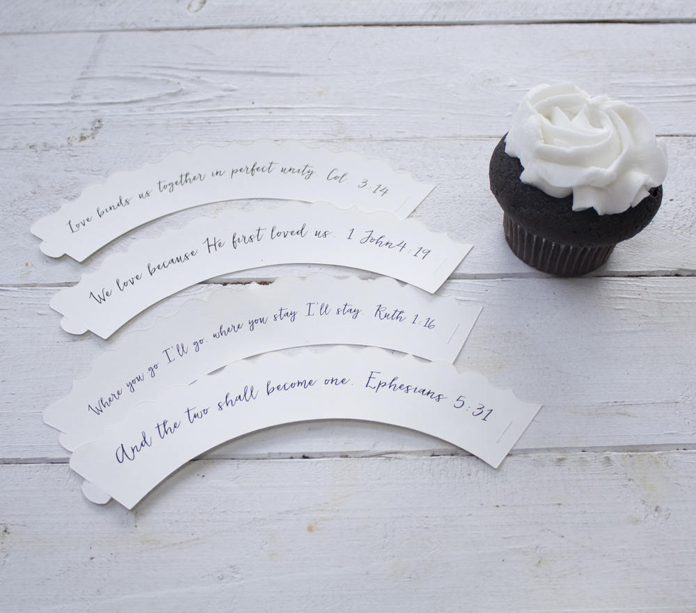 (Set of 12) Bible Scripture Wedding Cupcake Wrappers - Ephesians 5 31 - 1 John 4 19 - Ruth 1 16 - Colossians 3 14 - Where you go Cupcake Wraps