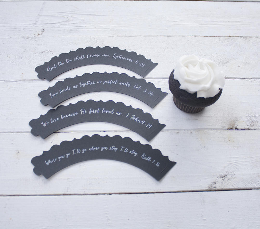 (Set of 12) Bible Scripture Wedding Cupcake Wrappers - Ephesians 5 31 - 1 John 4 19 - Ruth 1 16 - Colossians 3 14 - Where you go Cupcake Wraps