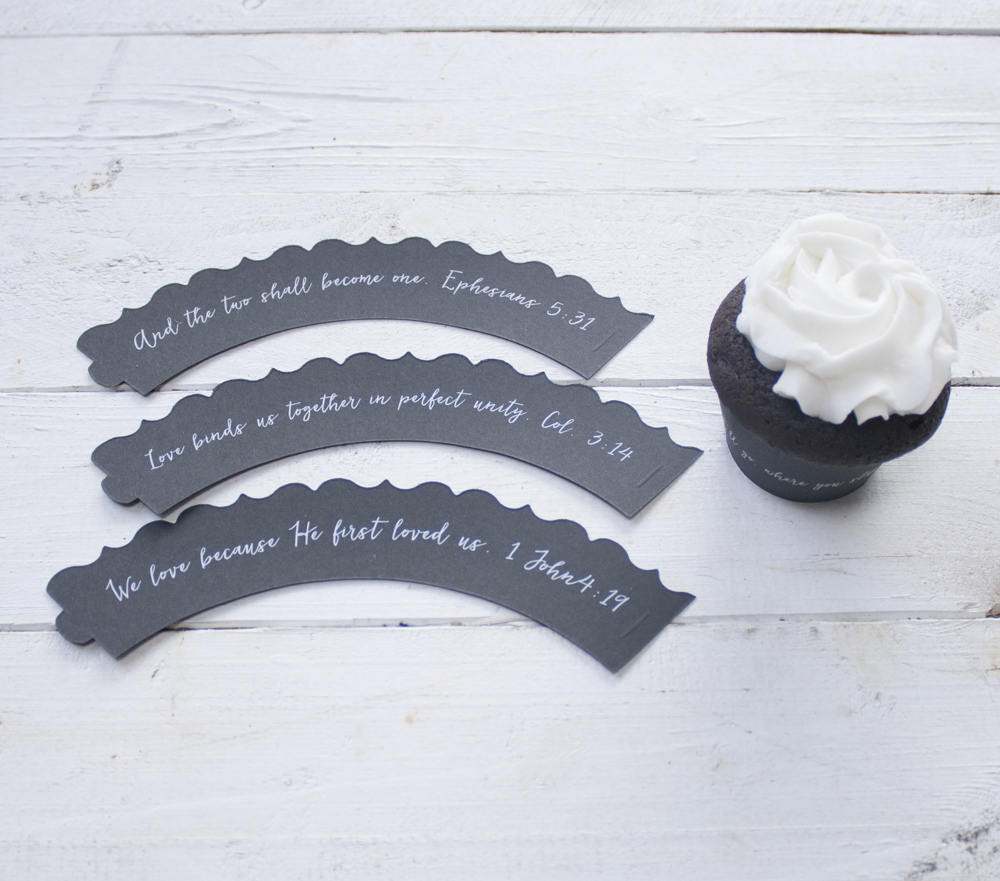 (Set of 12) Bible Scripture Wedding Cupcake Wrappers - Ephesians 5 31 - 1 John 4 19 - Ruth 1 16 - Colossians 3 14 - Where you go Cupcake Wraps
