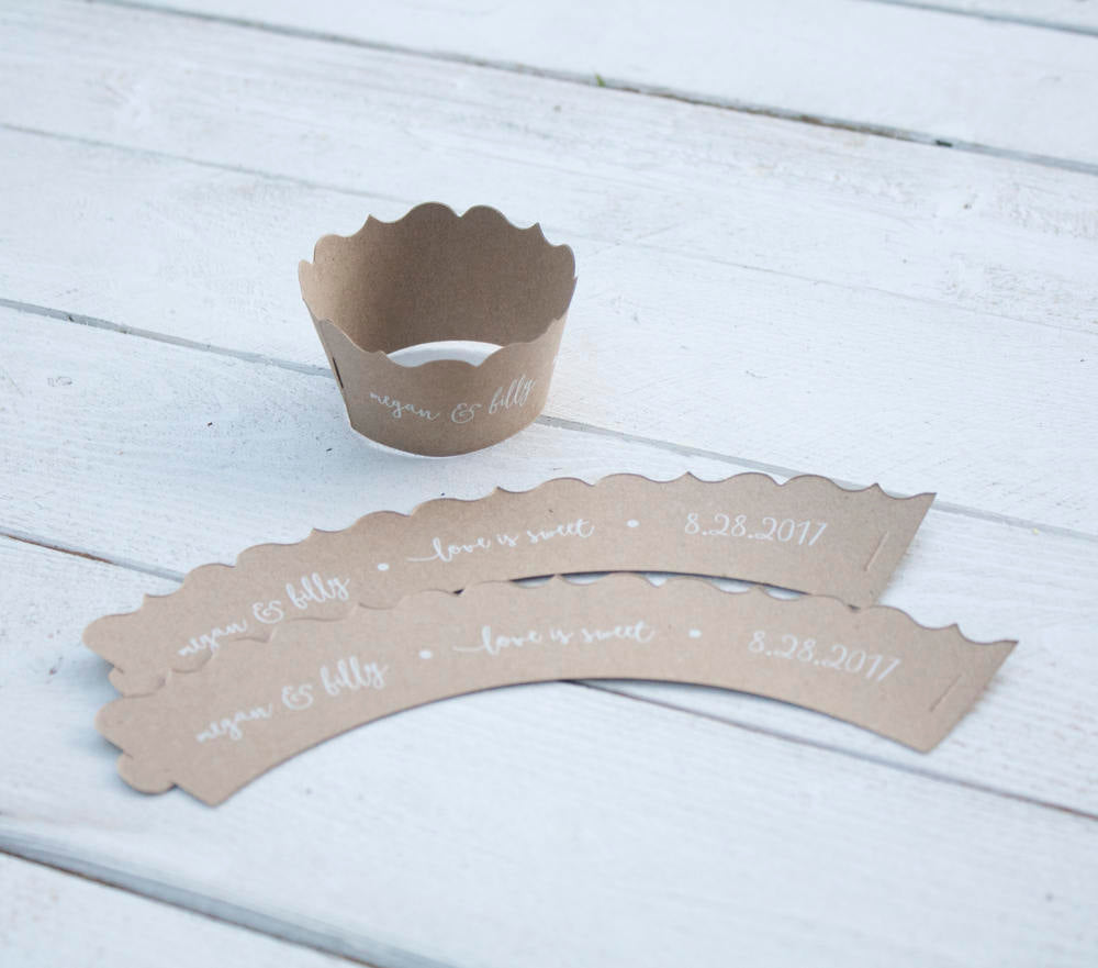 Custom Kraft Love is Sweet Wedding Cupcake Wrappers (Set of 12)