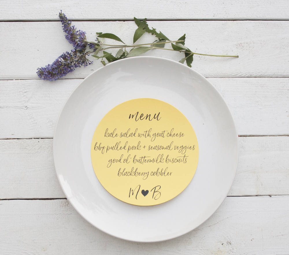 Set of 10 - Sunshine Wedding Plate Menu – Custom Wedding Menu - Round Plate Menu Cards