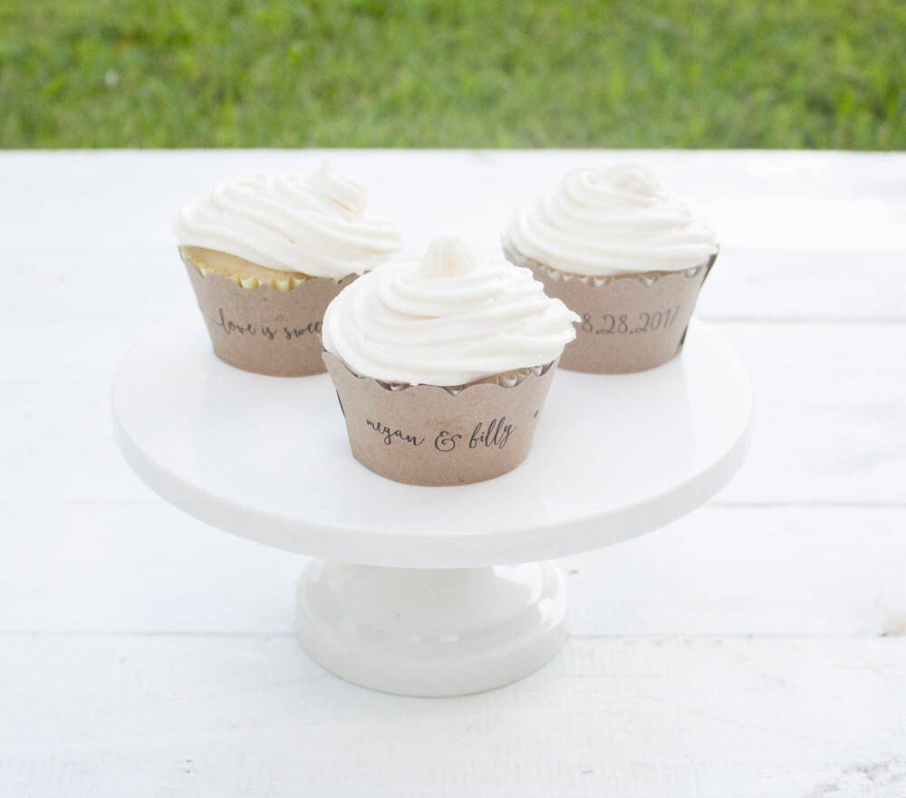 Set of 12 Coral Wedding Custom Cupcake Wrappers - Love is Sweet Cupcake Liners