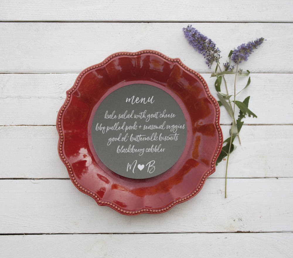 Set of 10 - Blossom Wedding Plate Menu – Custom Wedding Menu - Round Plate Menu Cards