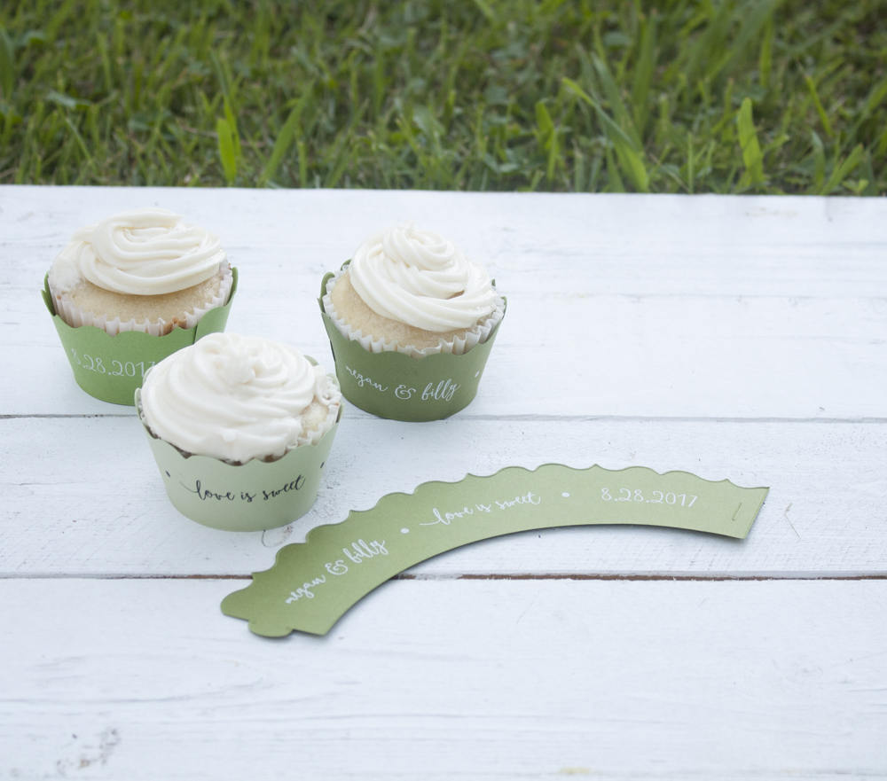 Set of 12 Moss Green Wedding Custom Cupcake Wrappers - Love is Sweet Cupcake Liners
