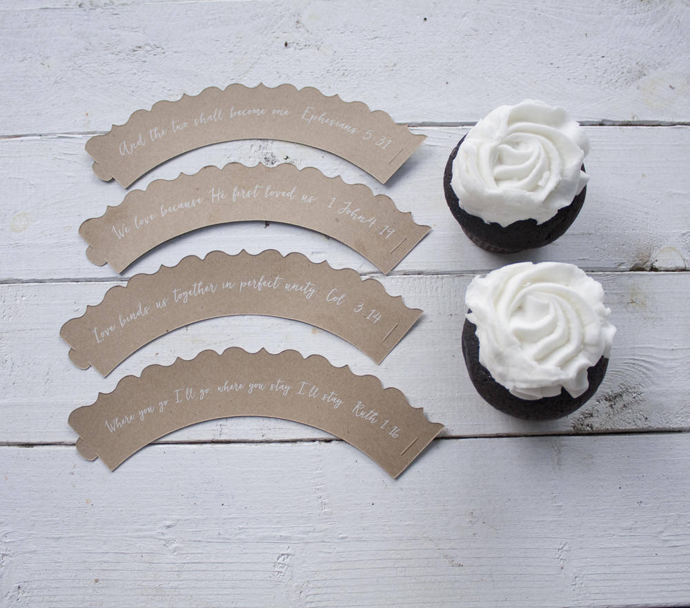 (Set of 12) Bible Scripture Wedding Cupcake Wrappers - Ephesians 5 31 - 1 John 4 19 - Ruth 1 16 - Colossians 3 14 - Where you go Cupcake Wraps