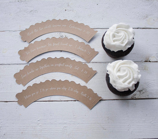 (Set of 12) Bible Scripture Wedding Cupcake Wrappers - Ephesians 5 31 - 1 John 4 19 - Ruth 1 16 - Colossians 3 14 - Where you go Cupcake Wraps