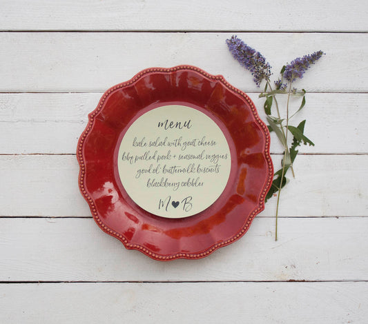 Set of 10 - Sage Green Wedding Plate Menu – Custom Wedding Menu - Round Plate Menu Cards