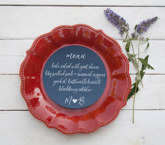 Set of 10 - Night Navy Wedding Plate Menu – Custom Wedding Menu - Round Plate Menu Cards