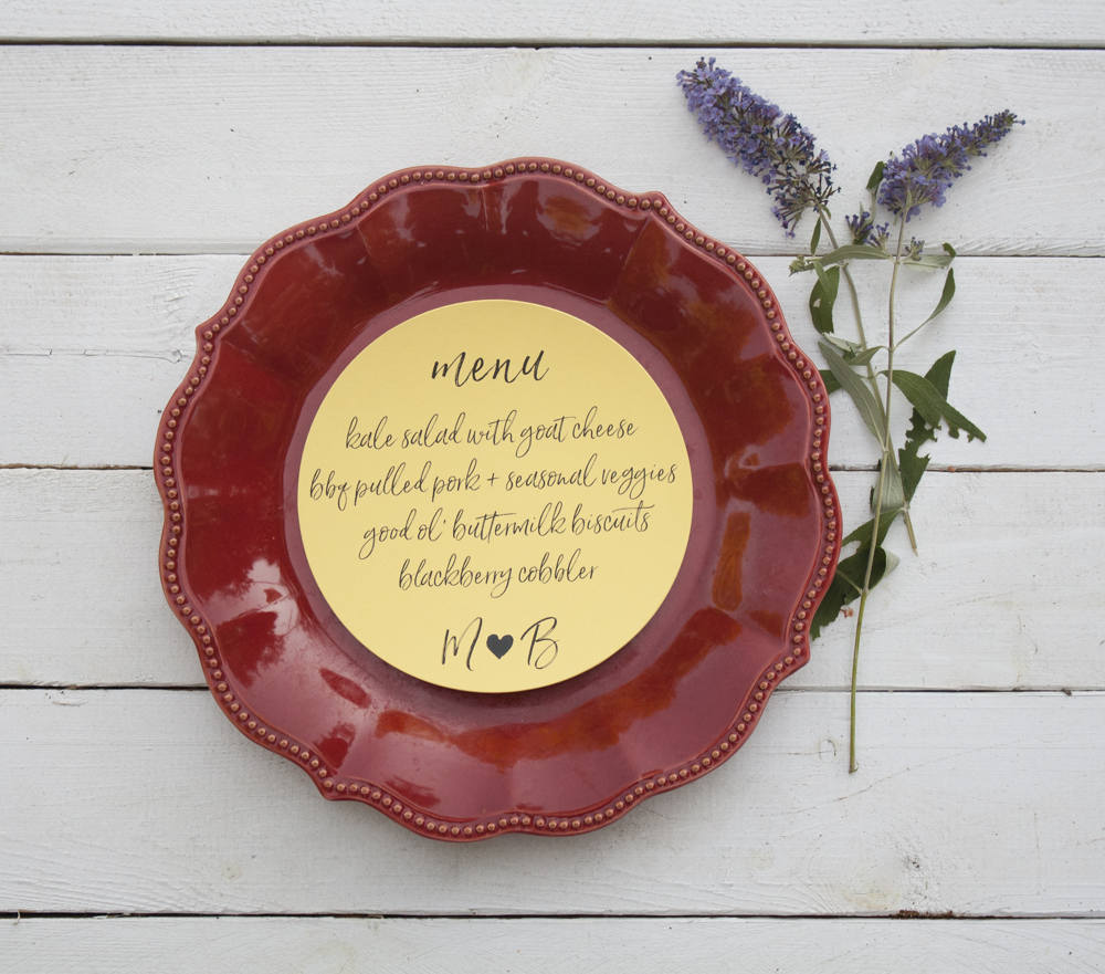 Set of 10 - Blossom Wedding Plate Menu – Custom Wedding Menu - Round Plate Menu Cards