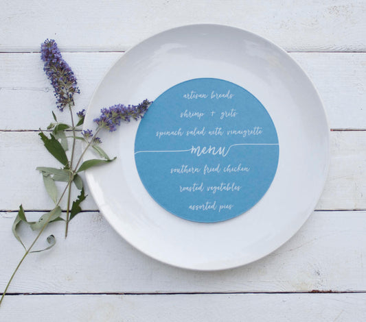 Set of 10 - Bluebell Wedding Plate Menu – Custom Wedding Menu - Round Plate Menu Cards