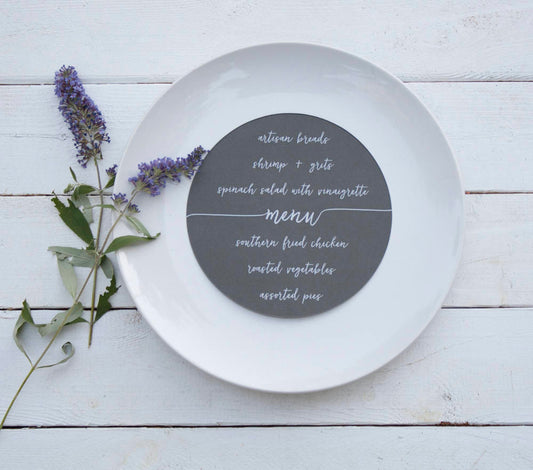 Set of 10 -  Black Wedding Plate Menu – Custom Wedding Menu - Round Plate Menu Cards