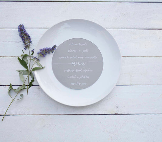 Set of 10 -  Gravel Gray Kraft Wedding Plate Menu – Custom Wedding Menu - Round Plate Menu Cards