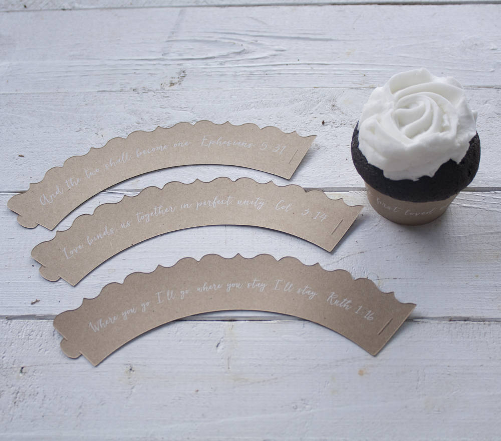 (Set of 12) Bible Scripture Wedding Cupcake Wrappers - Ephesians 5 31 - 1 John 4 19 - Ruth 1 16 - Colossians 3 14 - Where you go Cupcake Wraps