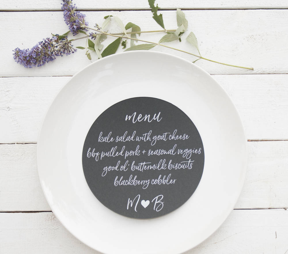 Set of 10 - Black Wedding Plate Menu – Custom Wedding Menu - Round Plate Menu Cards